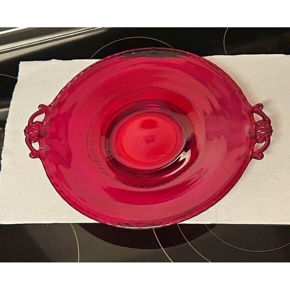 Vintage Paden City Red Depression Glass Filigree Gadroon Pattern Cheese Plate - Picture 8 of 13